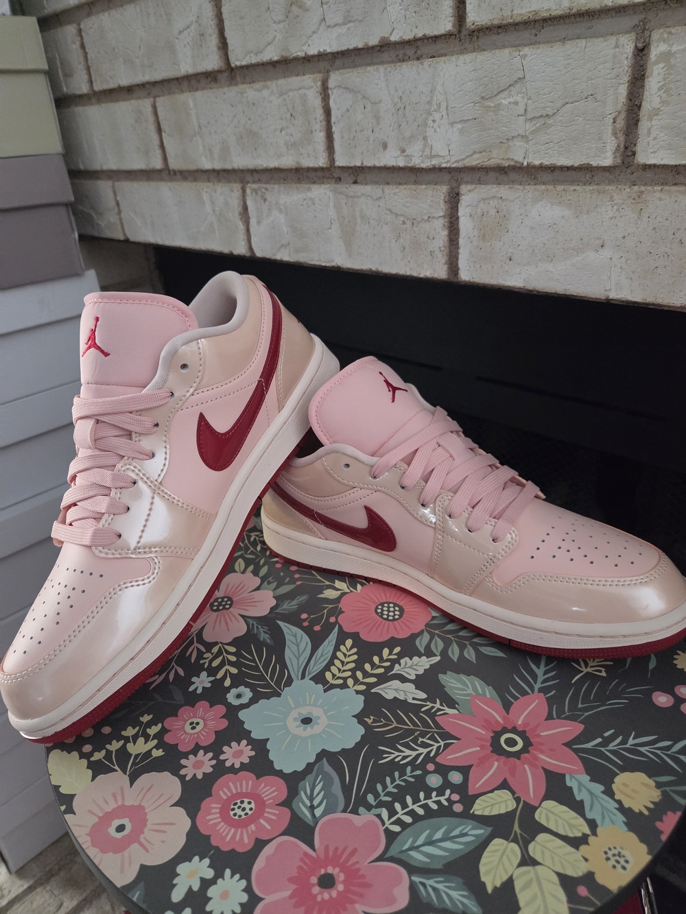 Brand New AJ1 Low Sneakers In Pink (Patent Leather) with Red Swoosh